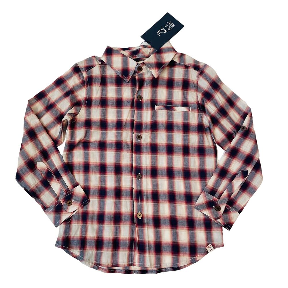 NWT Me & Henry 9/10Y Navy, Red, & Cream Atwood Woven Button Up Shirt